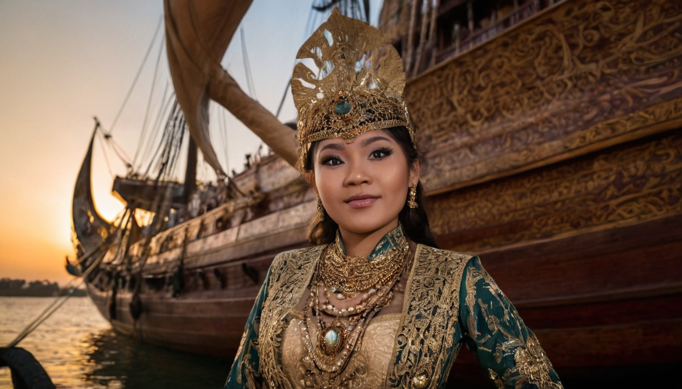 00001-3386108679-Majestic Full Body Portrait Photo of Dyah Gitarja standing before a Javanese ship, her regal presence contrasting against the ve.png